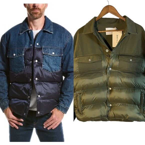 Frame NWT Denim & Nylon Padded Jacket In Deep Army Sz M - Picture 1 of 7